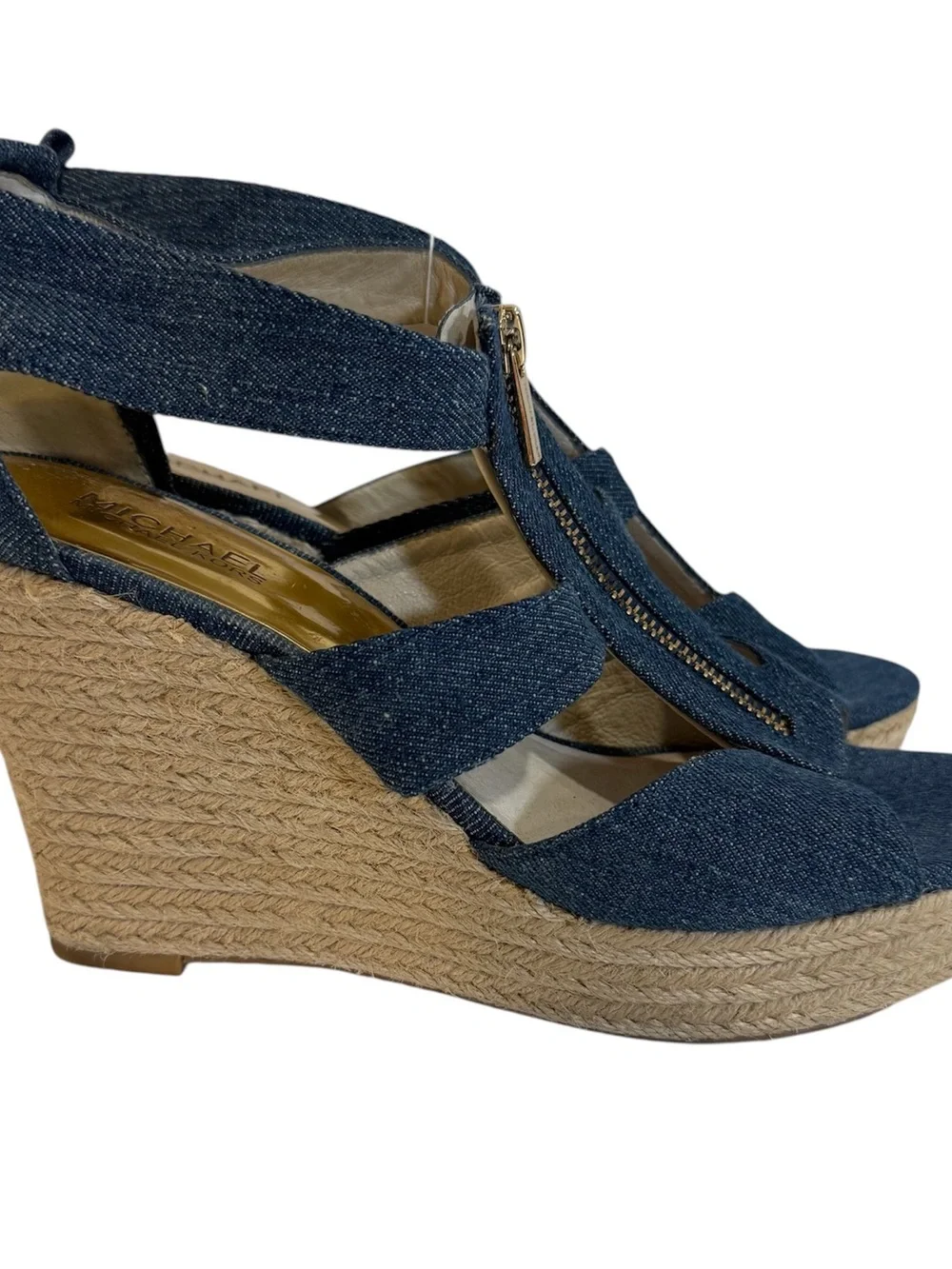 Michael Kors Womens 9.5 Denim Espadrille Wedge Sandals Zip Front Blue Heels